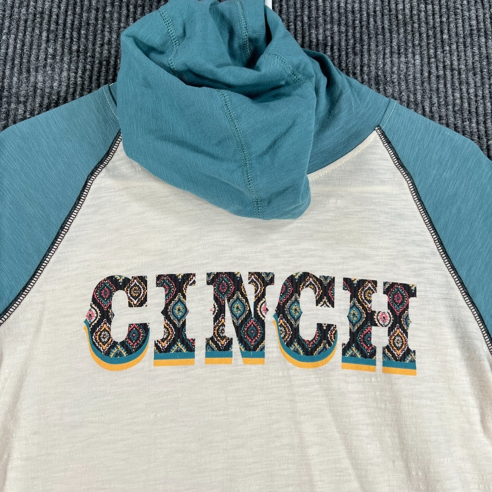 Cinch Shirt Womens Small White Green Long Sleeve Hooded Western Casual Light